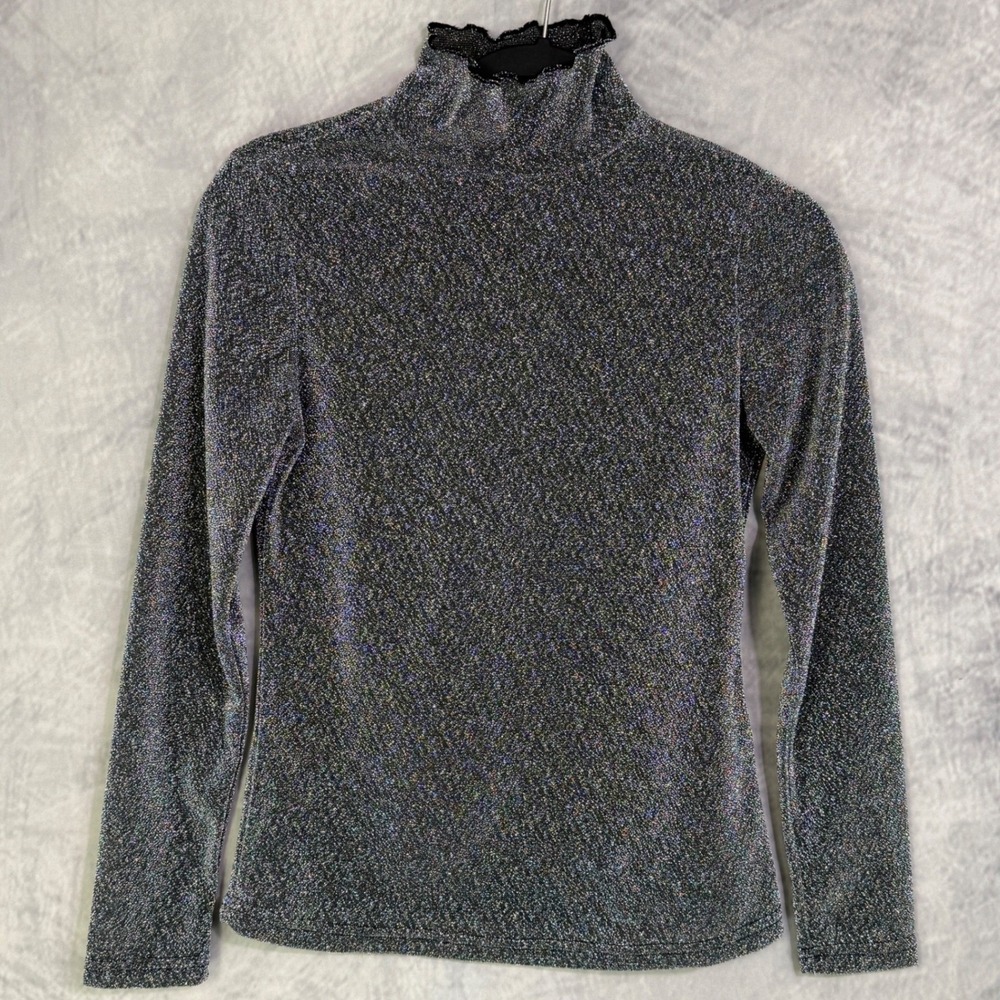 Sheer Mesh Metallic Shimmer Mock Neck Top Womens sz M Whimsigoth Glam Going Out
